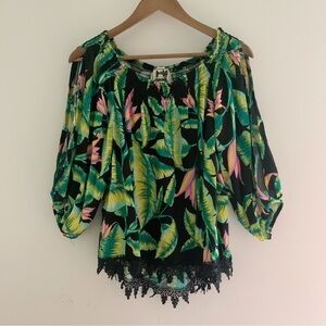 Jaase Tropical Botanical Print Off Shoulder Blouse XS Summer Resortwear